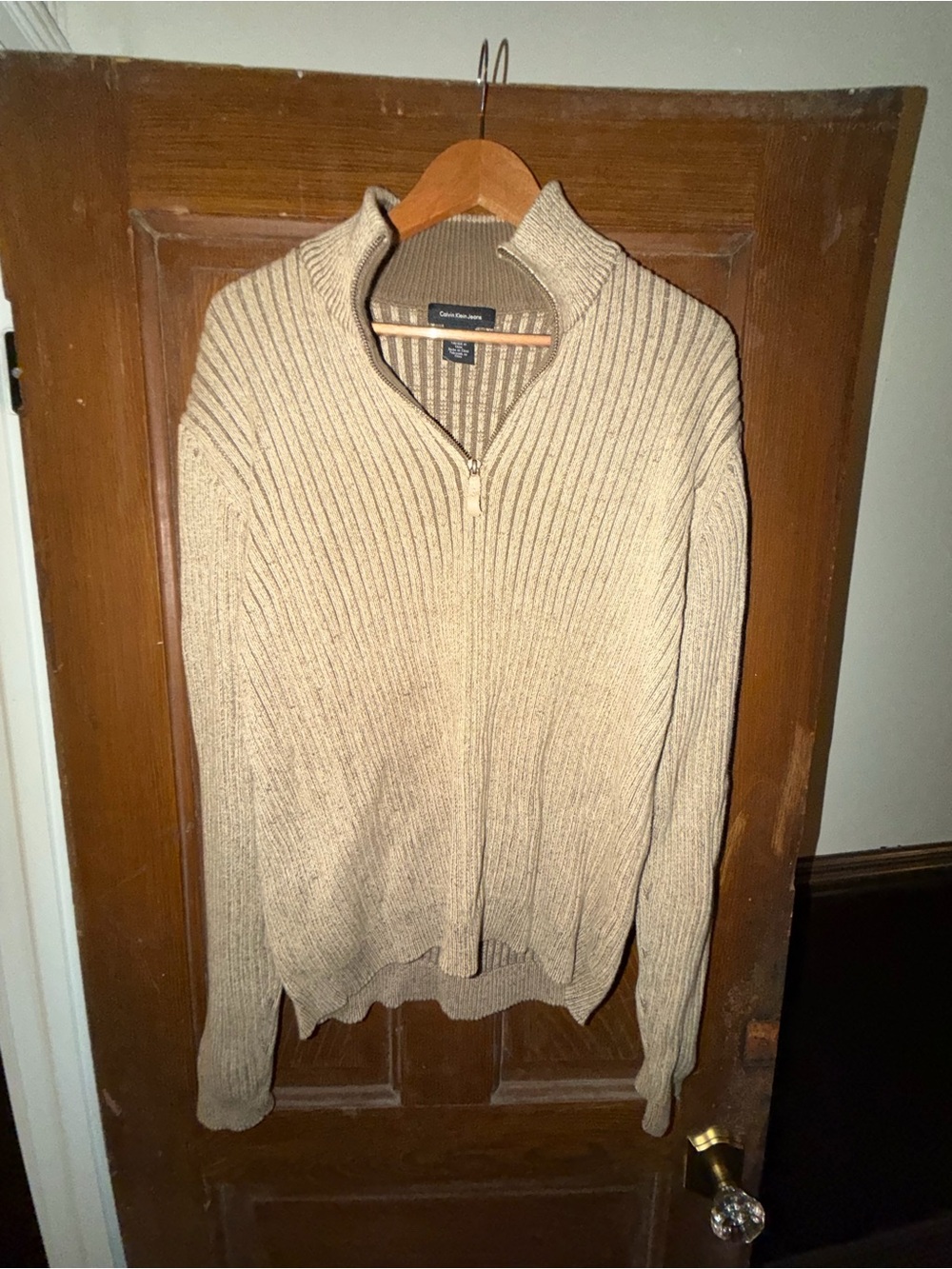 Calvin Klein Men's Beige Ribbed Zip-Up Sweater